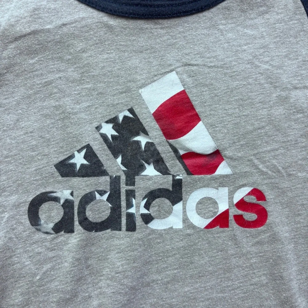 Adidas Mens Small Gray Blue American Flag Logo 3/4 Sleeve Raglan Baseball Tee
